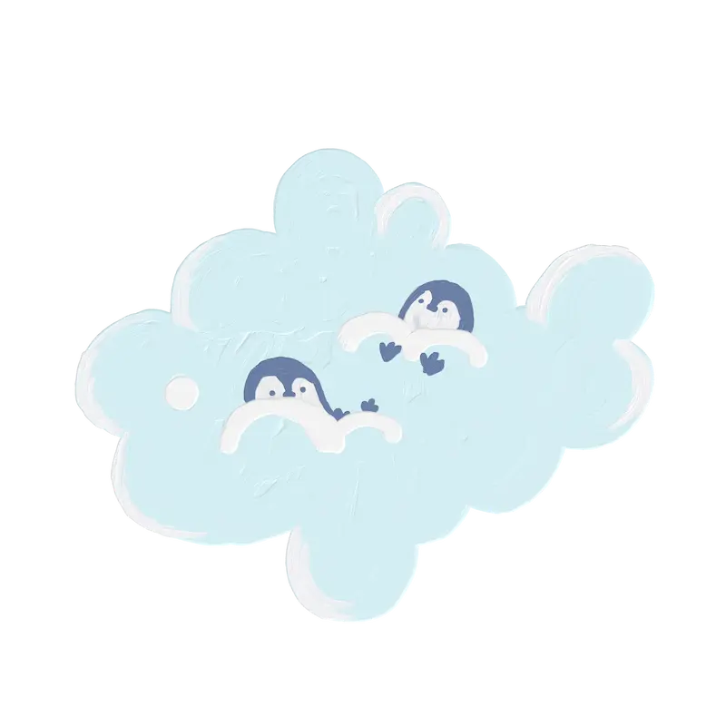魚の形をした雲でのんびりするペンギンのイラスト